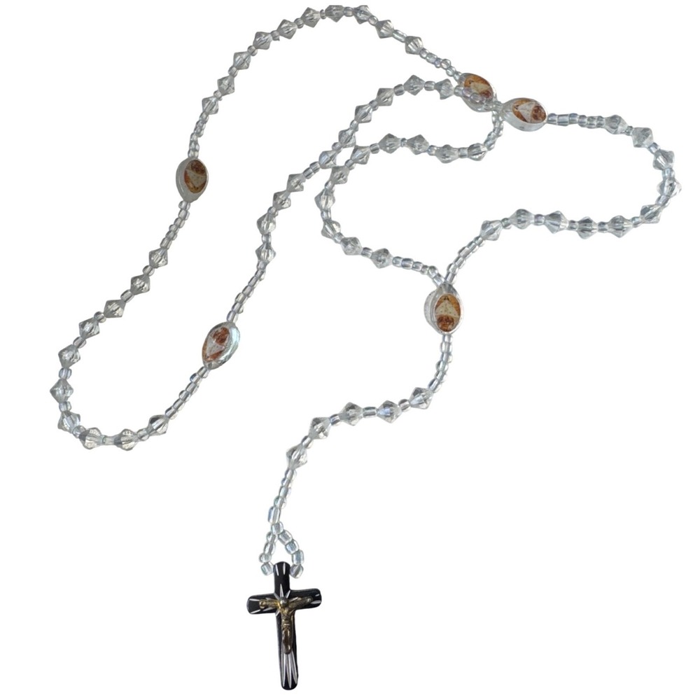 Vintage Catholic Rosary Clear Faceted Glass Beads Black Crucifix Religious